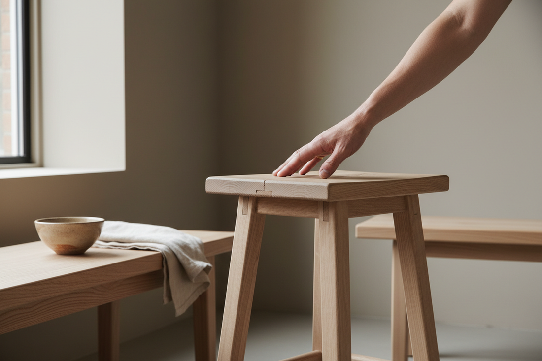 Close-up of reclaimed pinewood furniture showing natural grain and dovetail joinery, inspected by hand in a minimalist Nordic studio setting