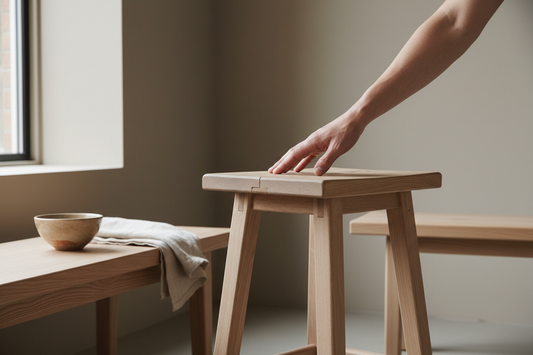 Close-up of reclaimed pinewood furniture showing natural grain and dovetail joinery, inspected by hand in a minimalist Nordic studio setting