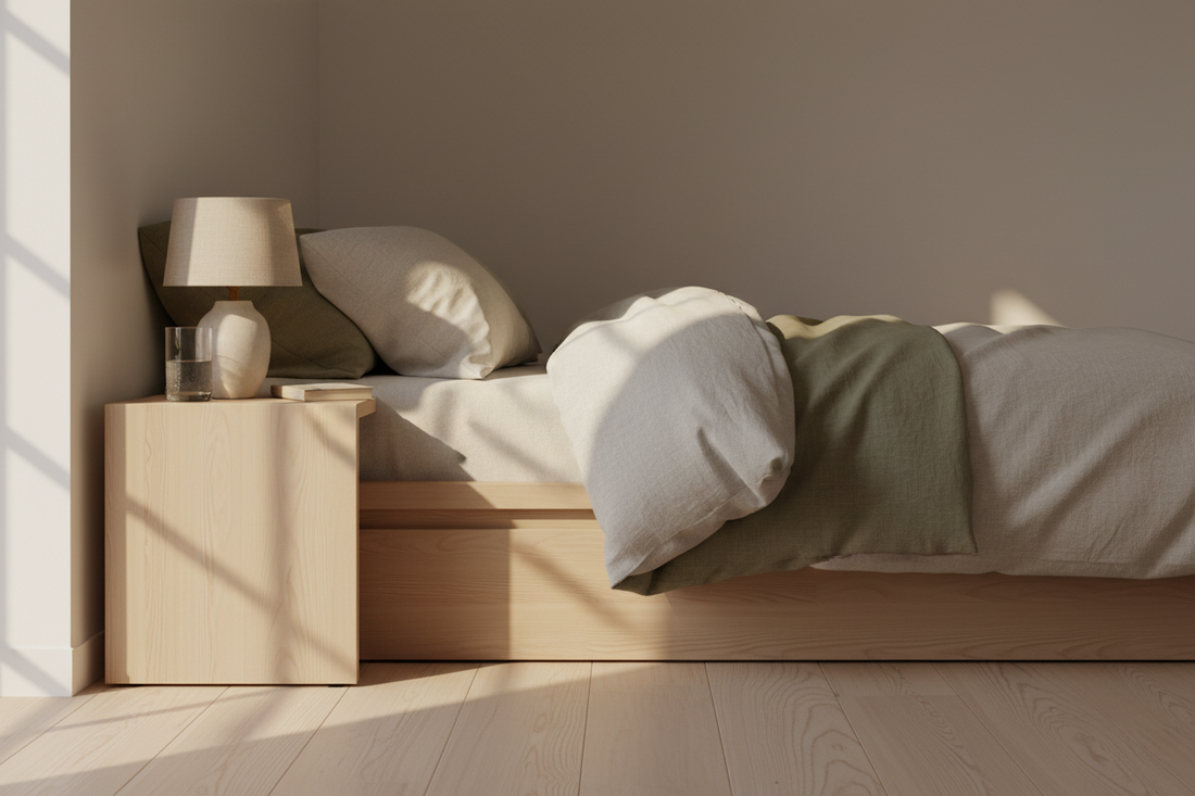 A light matte pinewood bedside table at mattress height beside a neatly made bed with a small lamp, glass of water and book in soft warm morning light