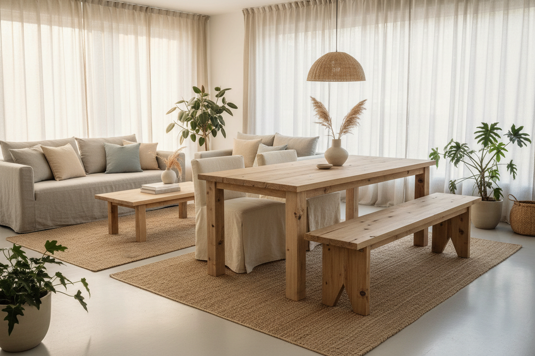 "Light pinewood reclaimed wood dining table and bench in a minimalist Nordic eco-friendly home interior"