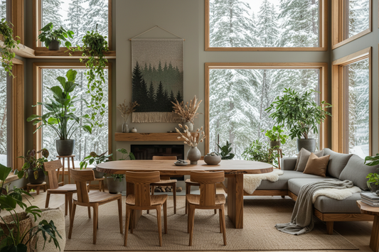 Biophilic design Nordic interior with raw unpolished reclaimed Canadian pinewood furniture, abundant green plants and natural sunlight