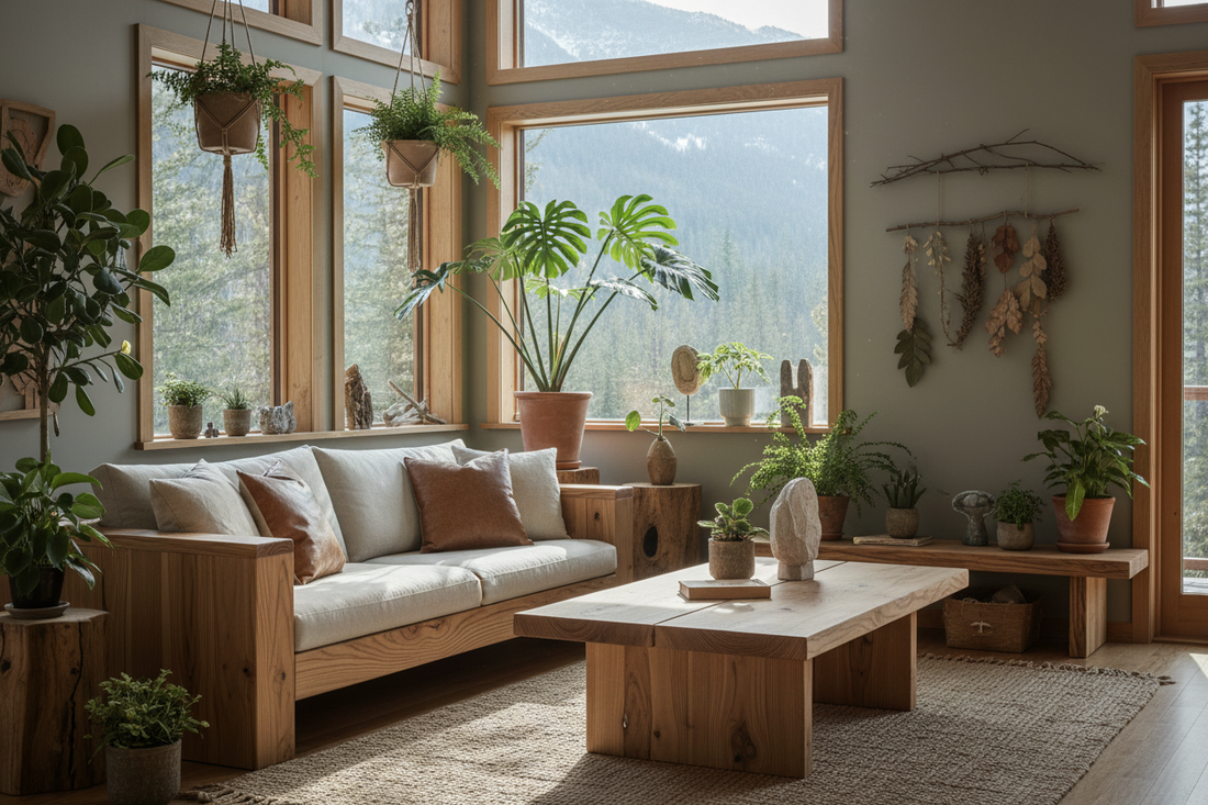 Biophilic design Nordic interior with raw unpolished reclaimed Canadian pinewood furniture, abundant green plants and natural sunlight