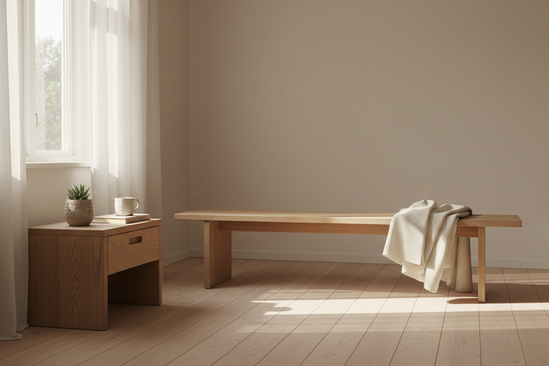 Minimalist Nordic pinewood nightstand and bench styled in a sunlit Scandinavian-inspired room, representing sustainable and budget-friendly quality furniture from A Good Life