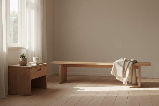 Minimalist Nordic pinewood nightstand and bench styled in a sunlit Scandinavian-inspired room, representing sustainable and budget-friendly quality furniture from A Good Life