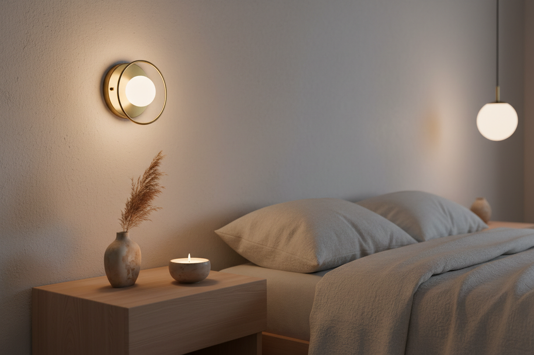 Warm Nordic bedroom corner at dusk with amber wall sconce, matte pinewood nightstand, ceramic vase and soft linen bedding in a whitewashed minimal interior