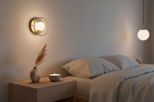 Warm Nordic bedroom corner at dusk with amber wall sconce, matte pinewood nightstand, ceramic vase and soft linen bedding in a whitewashed minimal interior
