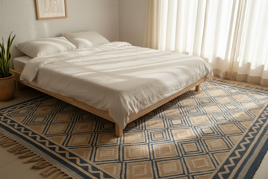 Nordic-inspired bedroom with handwoven indigo and beige dhurrie rug extending beyond a low pinewood bed frame, morning light through sheer curtains and a terracotta planter