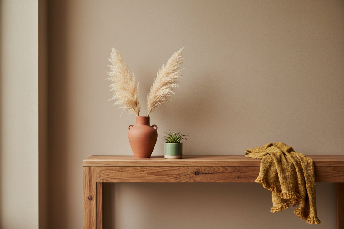 Japandi-style reclaimed pinewood shelf styled with terracotta, sage green and mustard accents, representing sustainable and mindful home décor.