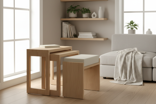 Compact Nordic apartment featuring raw unpolished pinewood nesting table and stool with cushion for space-saving small living solutions
