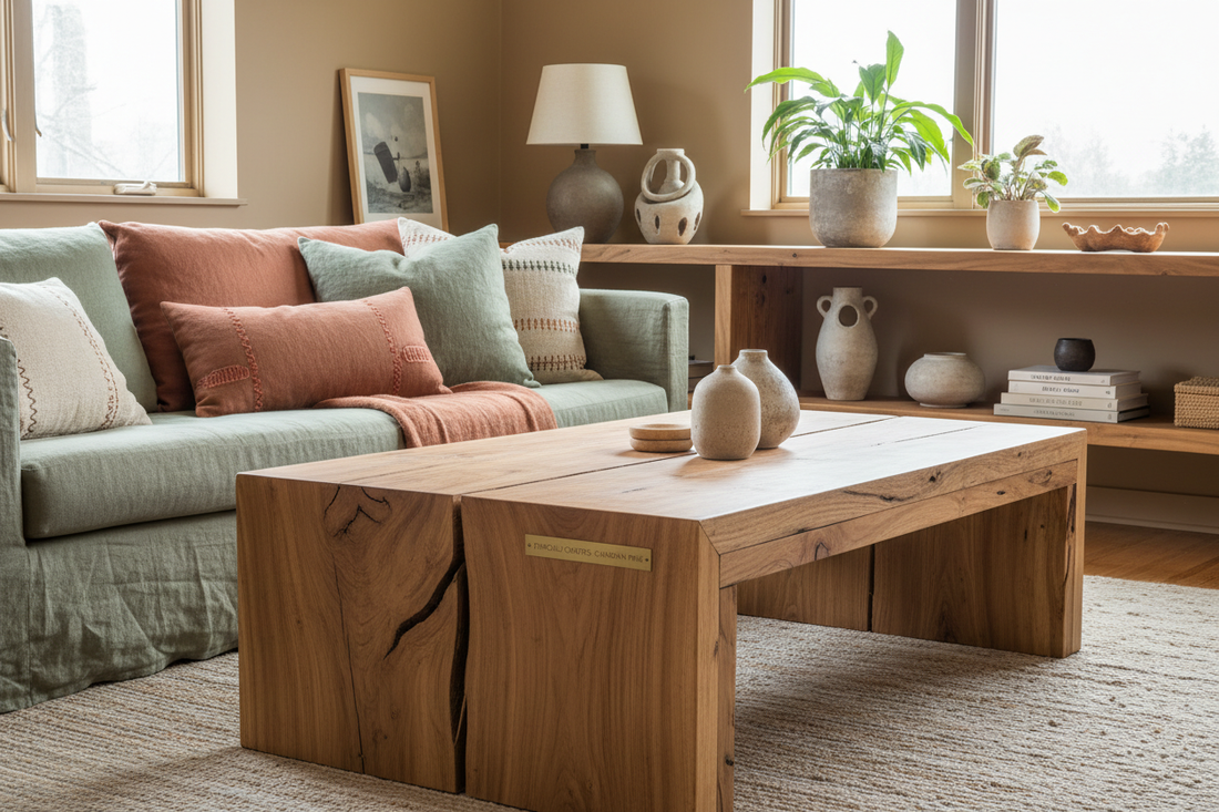 Conscious consumerism in home decor with raw unpolished reclaimed Canadian pinewood handcrafted furniture and sustainable natural materials