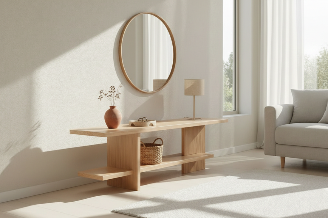 A slim light matte pinewood console table in a modern Indian home entryway with a round mirror, ceramic tray, slim lamp and terracotta vase in warm natural light