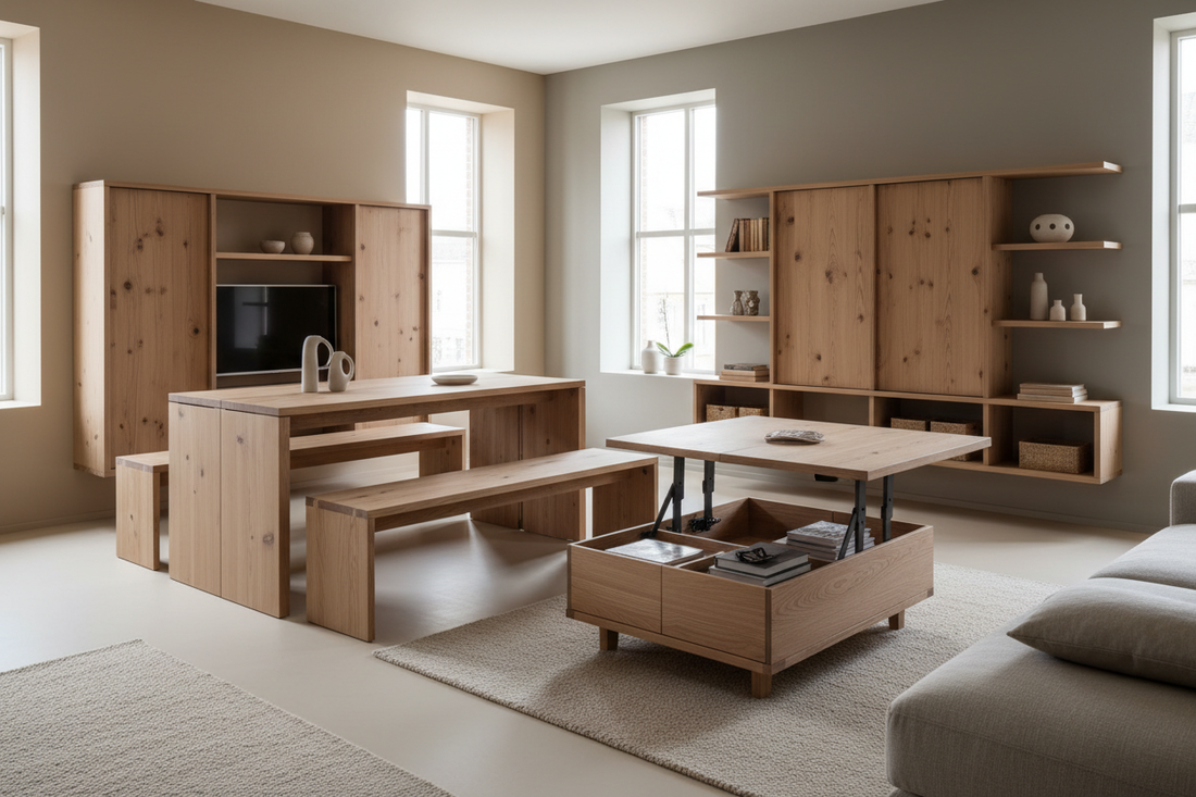 Minimalist Nordic interior with convertible transformable raw unpolished pinewood furniture showcasing dual-purpose design and space-saving solutions