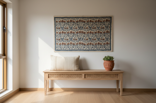 Artisan-made light pinewood console with handwoven khadi cushion and terracotta planter in a minimalist Indian home interior