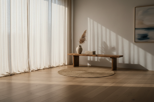 A calm and softly lit interior with a simple wooden piece, ceramic vase, linen curtains and open breathing space around each object