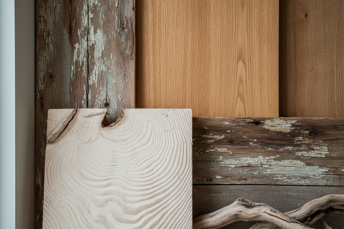 Close-up composition of different natural wood textures showcasing raw unpolished pinewood grain patterns and reclaimed wood surfaces