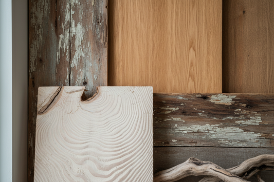 Close-up composition of different natural wood textures showcasing raw unpolished pinewood grain patterns and reclaimed wood surfaces