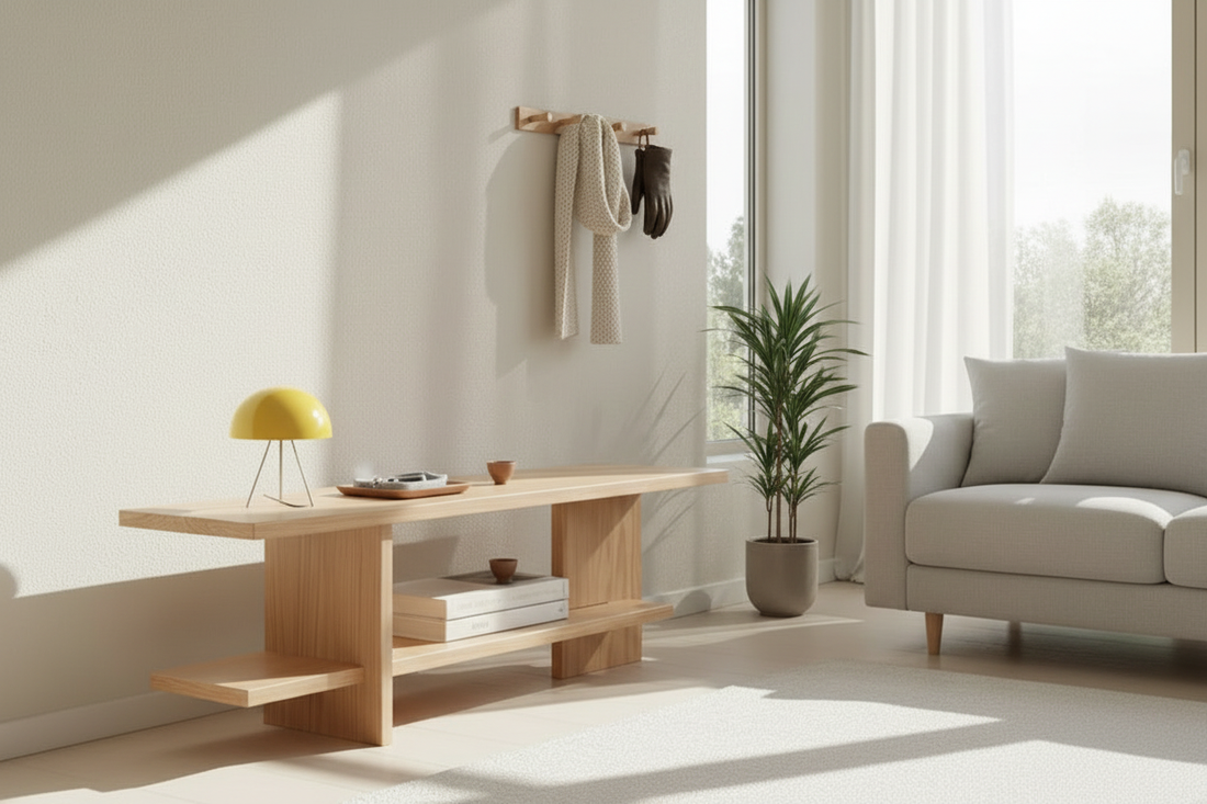 Minimalist Nordic interior featuring raw unpolished pinewood console table as dual-function entryway furniture with storage and display