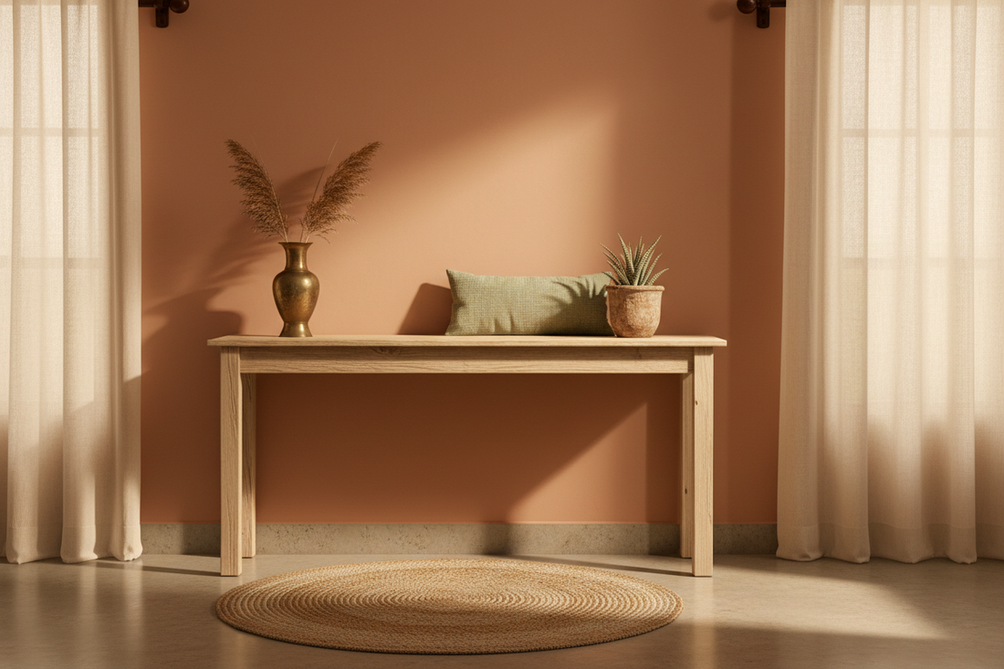 Earthy toned Indian home interior with light pinewood console, terracotta wall, jute rug, brass vase and sage green cushion in soft natural light