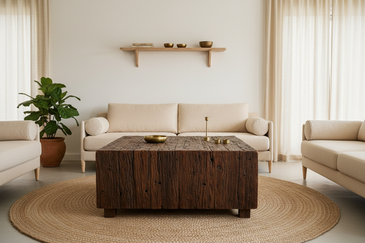 Eco-chic living room with reclaimed dark teak coffee table, linen sofa, jute rug, brass accents and terracotta planter in a whitewashed minimal Nordic-inspired interior