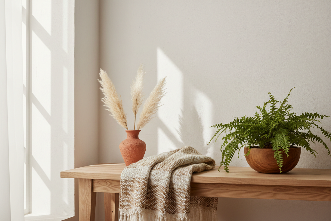 A minimalist eco-friendly interior styled with a reclaimed pinewood console, jute throw, terracotta vase and wooden planter, blending Scandinavian and Indian design aesthetics.