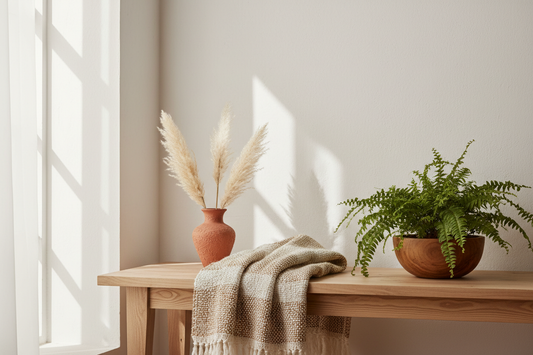 A minimalist eco-friendly interior styled with a reclaimed pinewood console, jute throw, terracotta vase and wooden planter, blending Scandinavian and Indian design aesthetics.