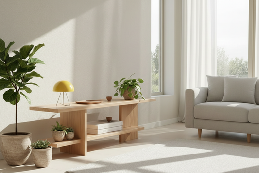 Eco-friendly Nordic pinewood console table in sustainable minimalist home with natural wood grain and green plants