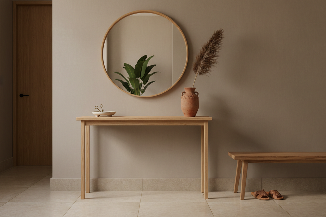 A calm Indian home entryway with a slim light matte pinewood console table, terracotta vase, ceramic tray, round mirror and a wooden bench with sandals in warm natural light