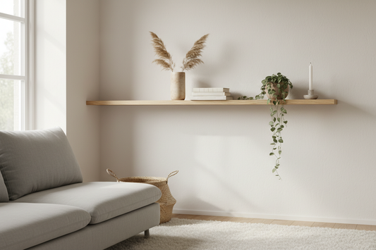 Pinewood floating wall shelves styled with books, a ceramic vase, candle and trailing plant in a calm minimal Nordic living room