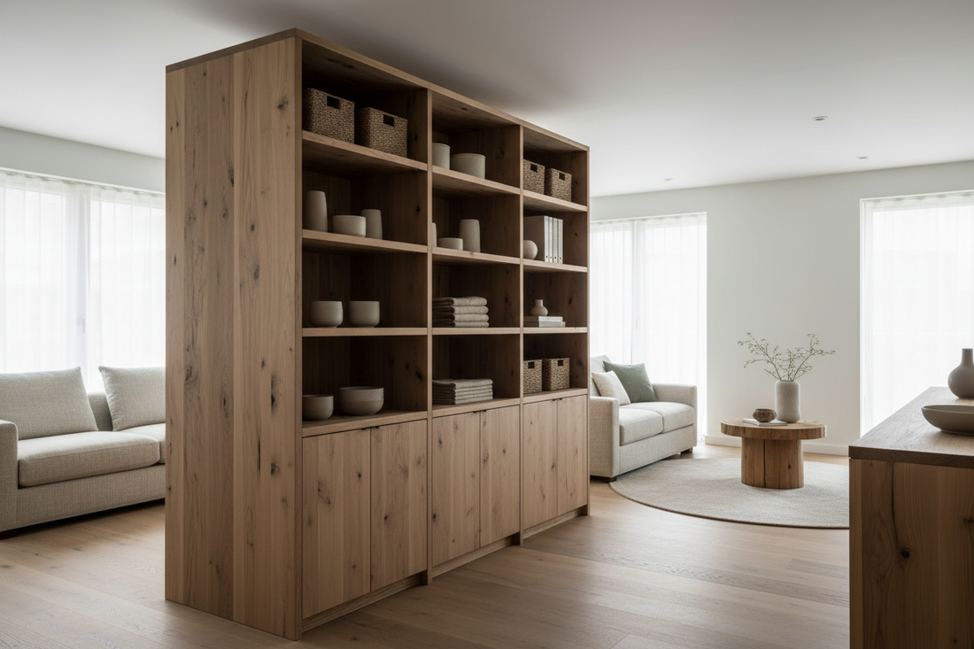 streamlined modern home with functional raw unpolished reclaimed Canadian pinewood storage furniture and minimalist organization systems