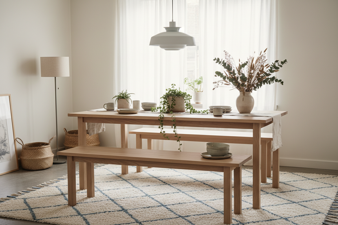 A minimalist Nordic pinewood dining room with natural light, ceramic tableware and Scandinavian decor