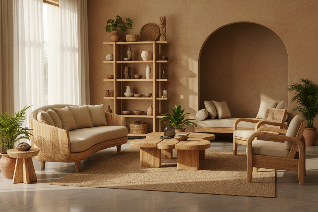 Handcrafted artisanal wooden furniture pieces showcasing detailed craftsmanship in modern Indian home