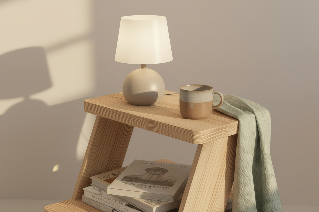 Handcrafted Wabi-Sabi Nordic pinewood side table showcasing artisanal quality craftsmanship and natural wood grain texture