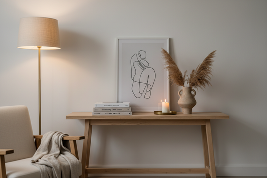 A minimalist living room corner styled with a light pinewood console, ceramic vase, brass tray and warm floor lamp creating a high-end look on a budget