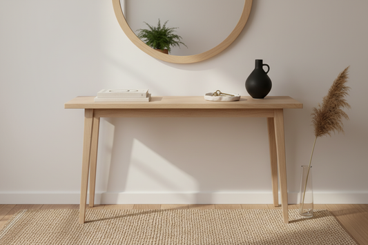 A light matte pinewood console table in a calm entryway with a ceramic tray holding keys, a neatly placed book and one minimal object in warm natural light
