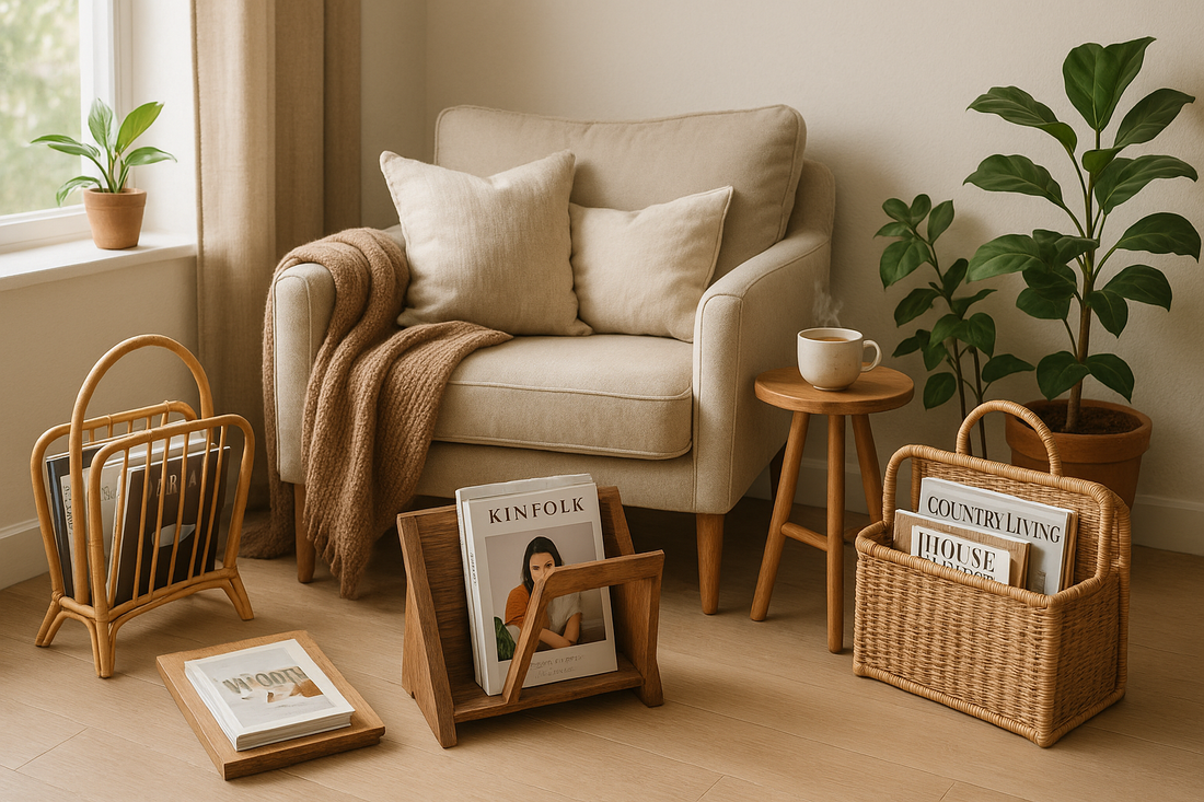 Handmade magazine racks in natural materials organizing magazines in a cozy Indian reading nook
