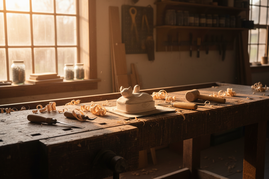 A partially finished light matte pinewood piece resting on a craftsman's workbench with hand