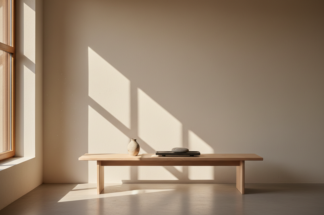 A calm home interior with direct sunlight casting warm shadows across a light matte pinewood console table, a ceramic vase and a tray with open breathing space around them