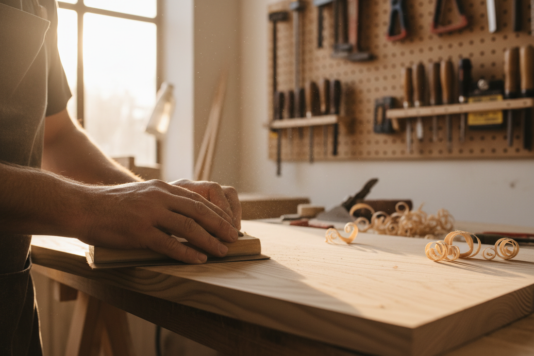 Craftsman hands carefully sanding a light pinewood furniture piece in a warm workshop showing natural wood grain and authentic handmade craftsmanship