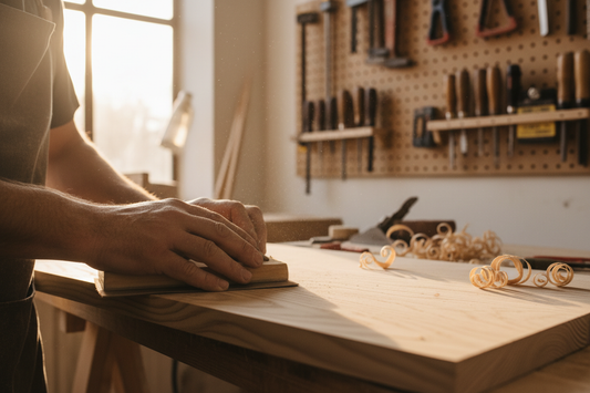 Craftsman hands carefully sanding a light pinewood furniture piece in a warm workshop showing natural wood grain and authentic handmade craftsmanship