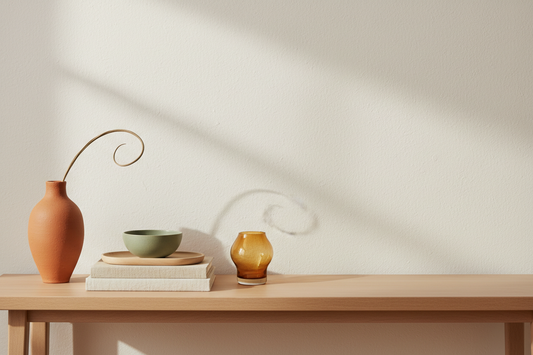 A light matte pinewood console table styled with a terracotta vase, sage green ceramic bowl, amber candle holder and linen-covered books in warm natural light