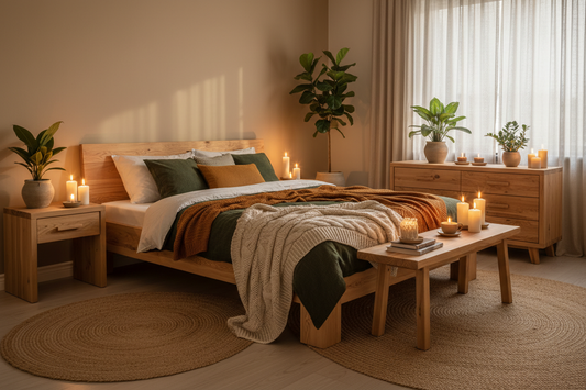 Cozy hygge Nordic bedroom with raw unpolished reclaimed Canadian pinewood furniture, soft warm lighting and plush textiles for Danish sustainable living