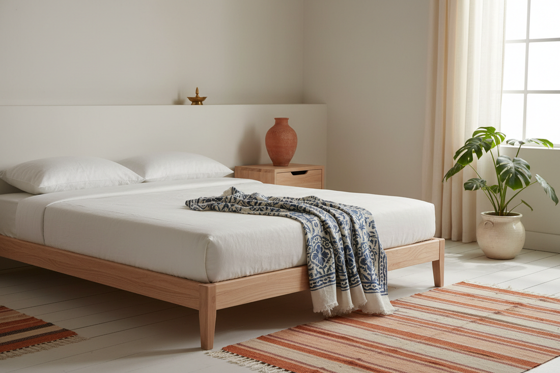 Indo-Scandinavian fusion bedroom with light pinewood furniture, block-printed indigo throw, terracotta vase, brass diya and dhurrie rug in a whitewashed minimal interior