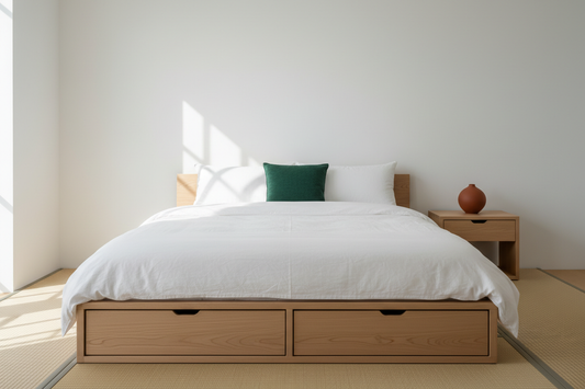 Japandi-style bedroom with light matte pinewood bed frame featuring under-bed storage drawers and a slim pinewood nightstand, styled with white linen bedding, a deep terracotta ceramic vase and a forest green cushion for contrast.