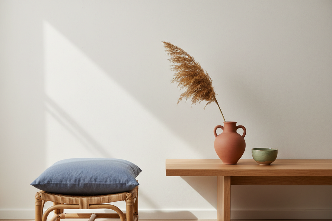 A serene Japandi interior vignette with a light pinewood console, terracotta ceramic vase, sage green bowl and dusty indigo cushion in soft natural light.