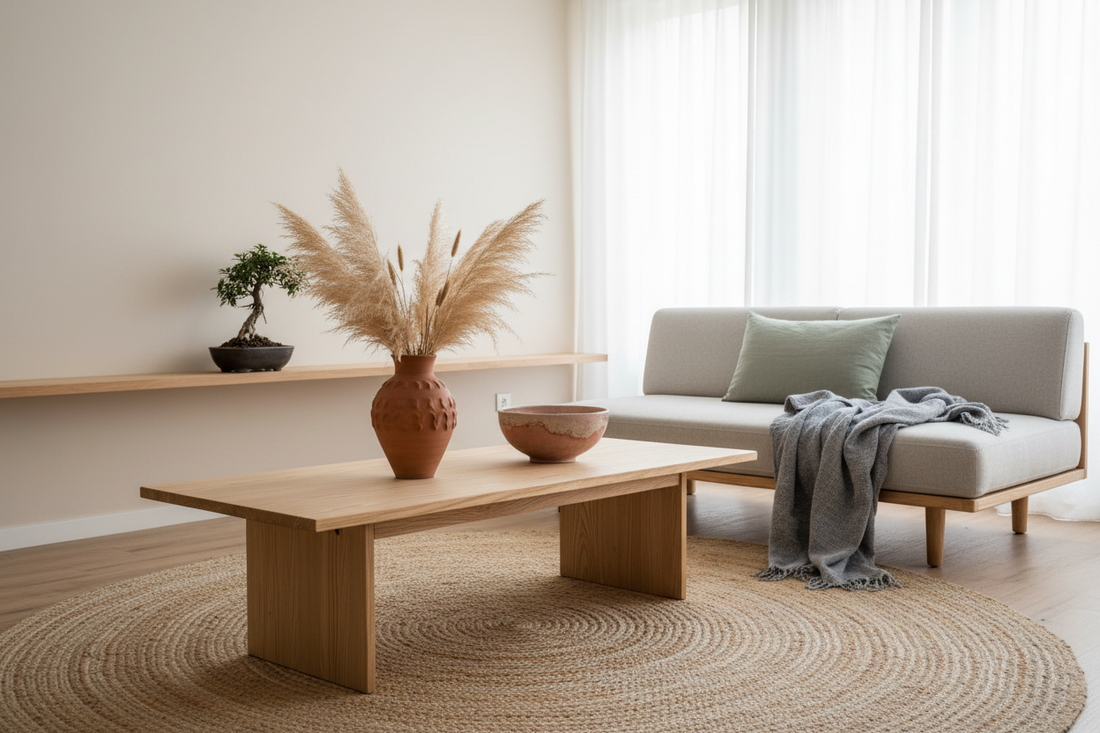 Japandi living room with light pinewood furniture, terracotta vase, sage green cushion and natural linen accents in a calm minimalist zen interior