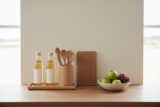 Light pinewood wooden tray, utensil holder and chopping board on a calm open minimal kitchen counter with soft natural light