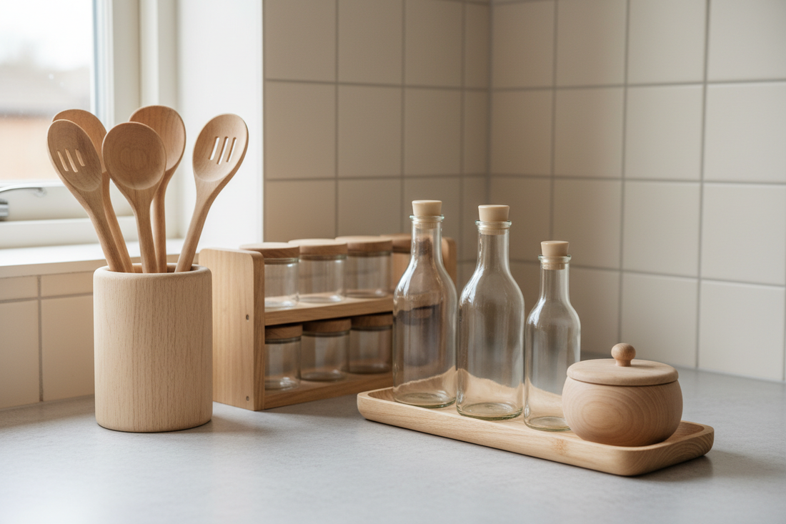 Light pinewood wooden tray with unlabelled oil bottles, utensil holder and spice rack with plain jars on a calm minimal kitchen counter