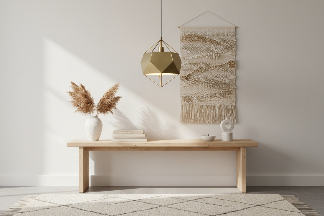 Nordic Scandinavian interior with a geometric matte pendant light above a light pinewood surface, warm LED glow, minimalist styling
