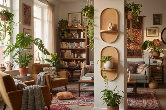 Maximalist living room with two small raw unpolished pinewood moon shelves at staggered heights with ceramic pot as focal point