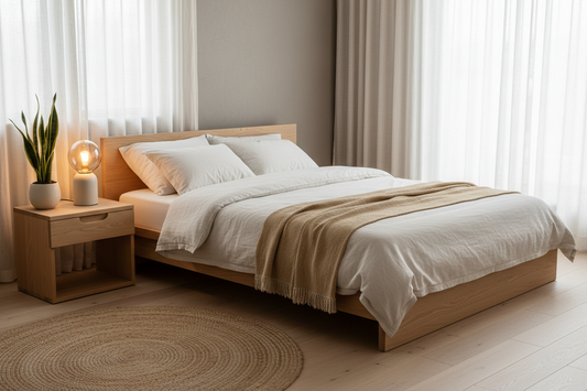 Minimalist Nordic bedroom with light pinewood bed frame, off-white linen bedding, jute rug and warm bedside lamp for restful sleep